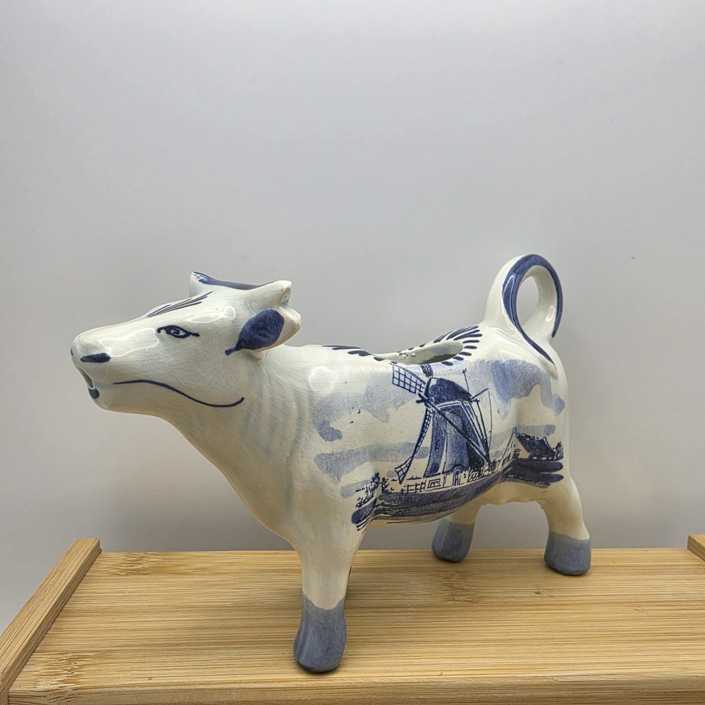 Vintage Ceramic Delft Porcelain Glazed Cow Animal Milk Creamer Dutch Farmhouse